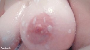 Naked Natural Boobs Tease. Bathroom Pleasure. Close Up.
